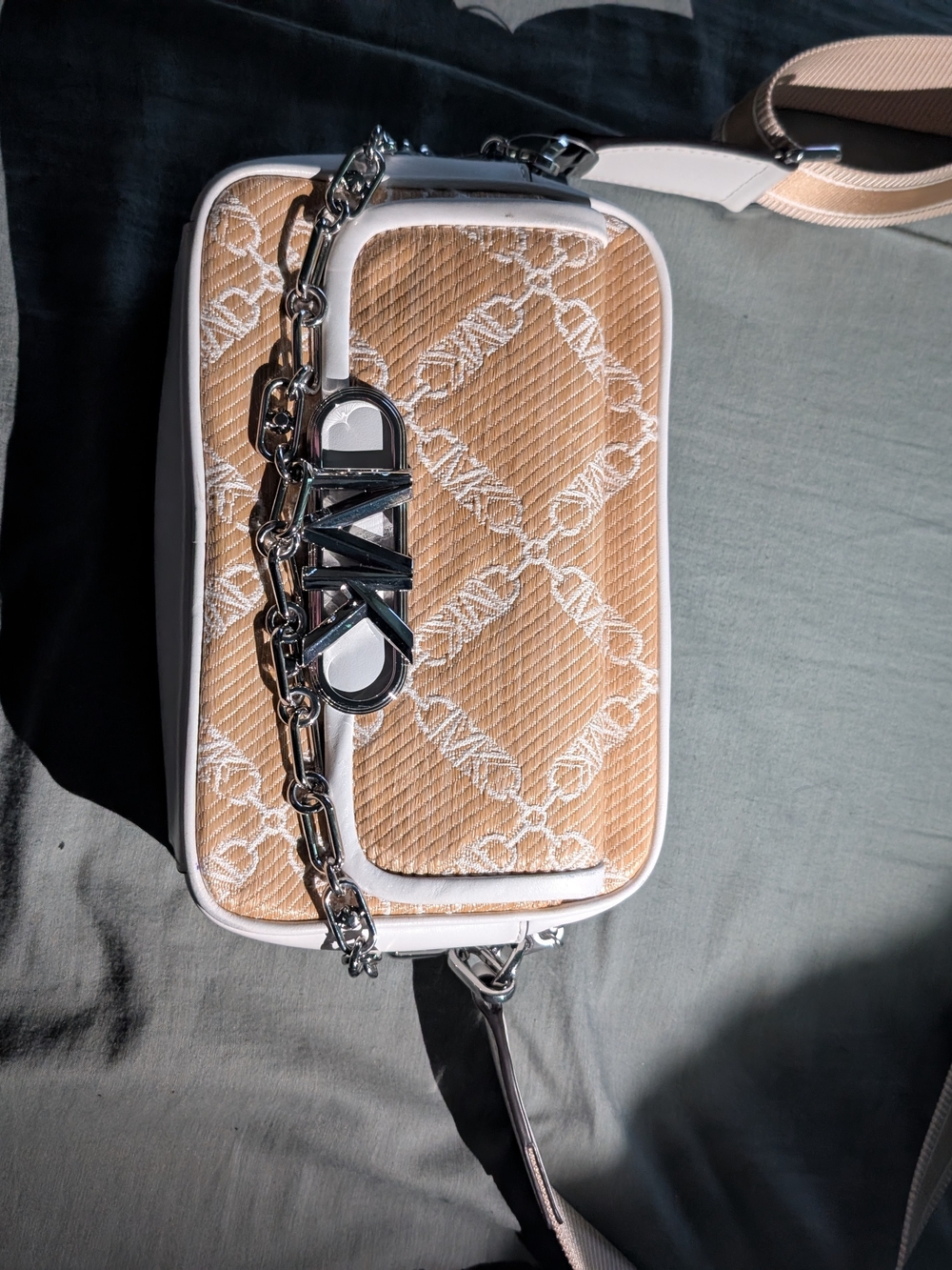 Quilted Michael Kors Beige Crossbody Bag with Silver Chain Accent